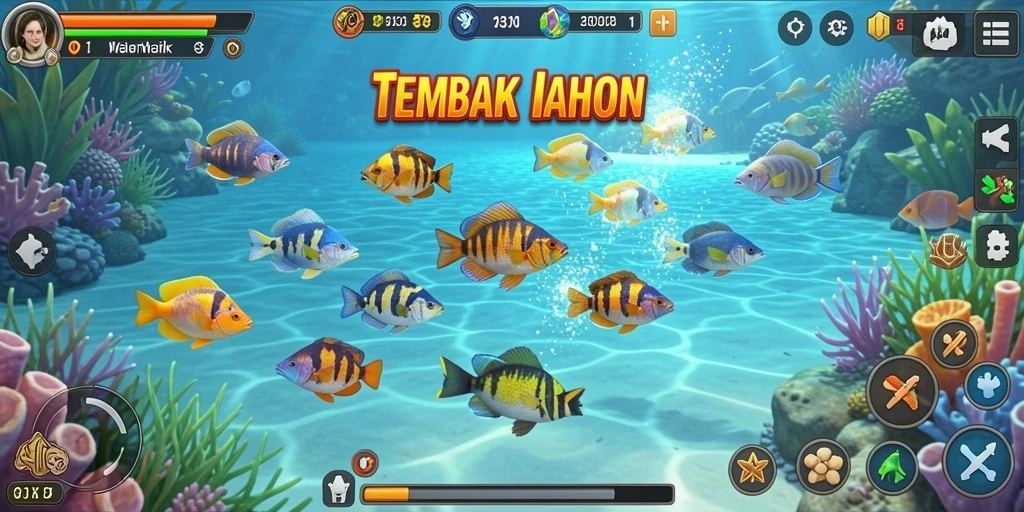 Tangkapan layar dari gameplay BARU01 menampilkan aksi seru Tembak Ikan.