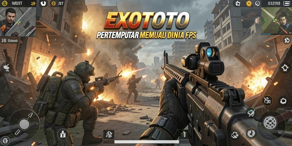 Screenshot gameplay EXOTOTO menunjukkan aksi tembak-menembak yang seru.