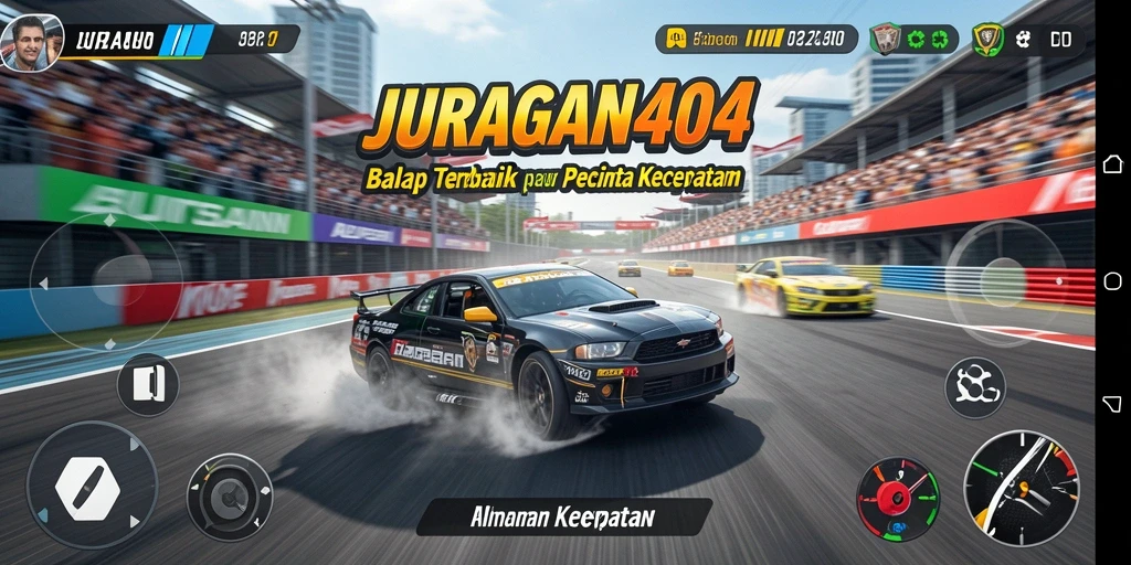 Tangkapan layar utama dari gameplay balap JURAGAN404 yang mendebarkan.