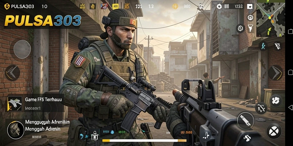Screenshot utama PULSA303 menampilkan aksi menegangkan di arena FPS.