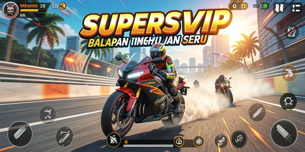 Tampilan gameplay SUPERSVIP yang menampilkan balapan motor yang mendebarkan.