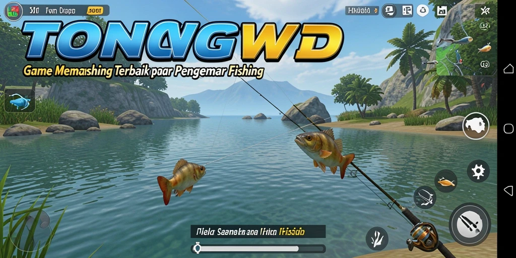 Screenshot gameplay TONGWD dengan aksi memancing yang seru.
